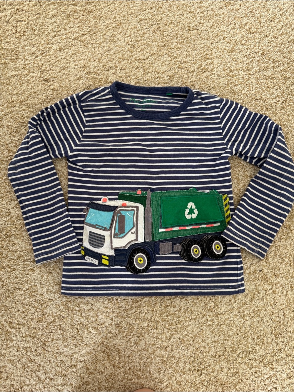 Mini Boden Navy and White Striped Long-Sleeve Tee with Green Recycling Truck